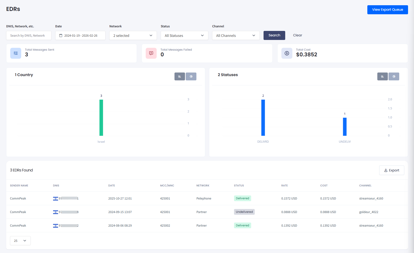 Screenshot of the EDRs page with with filtered records