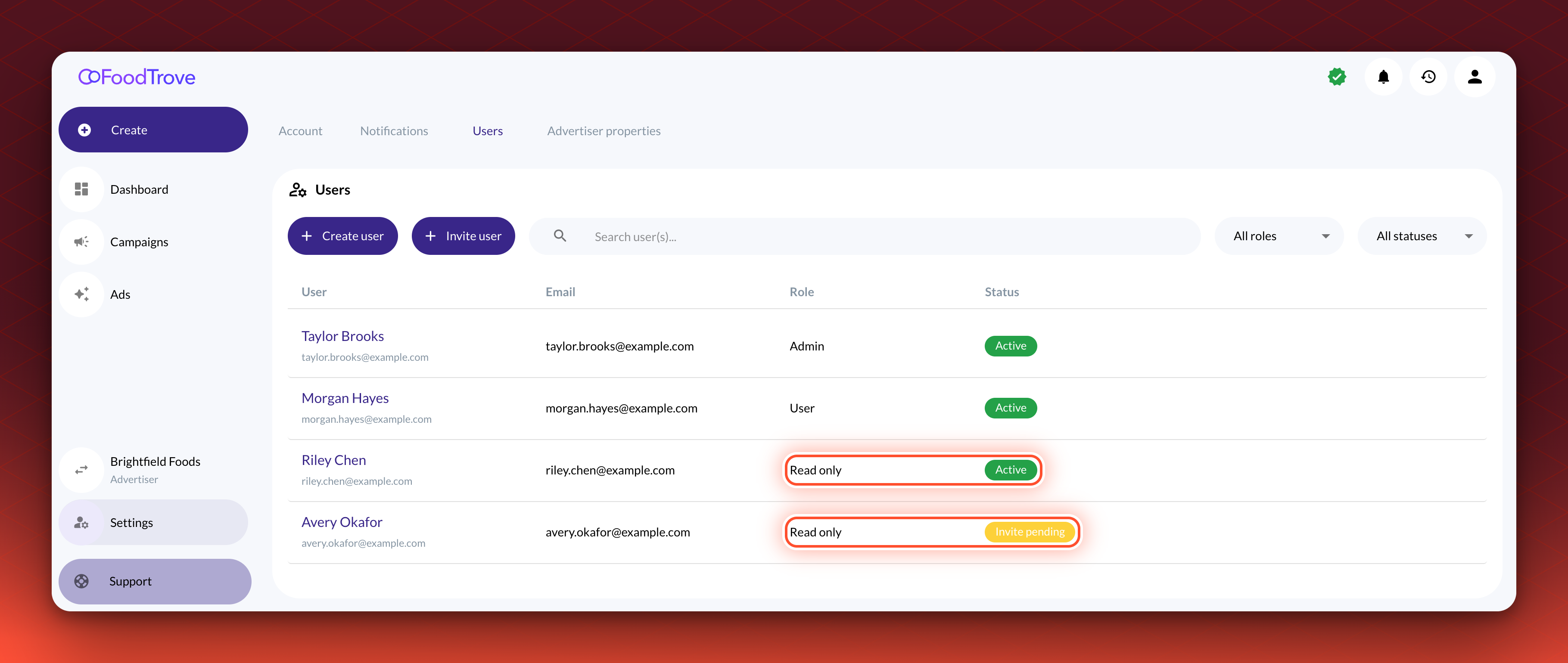 The Users tab listing a Read only user with the status Invite pending and another user with the status Active.