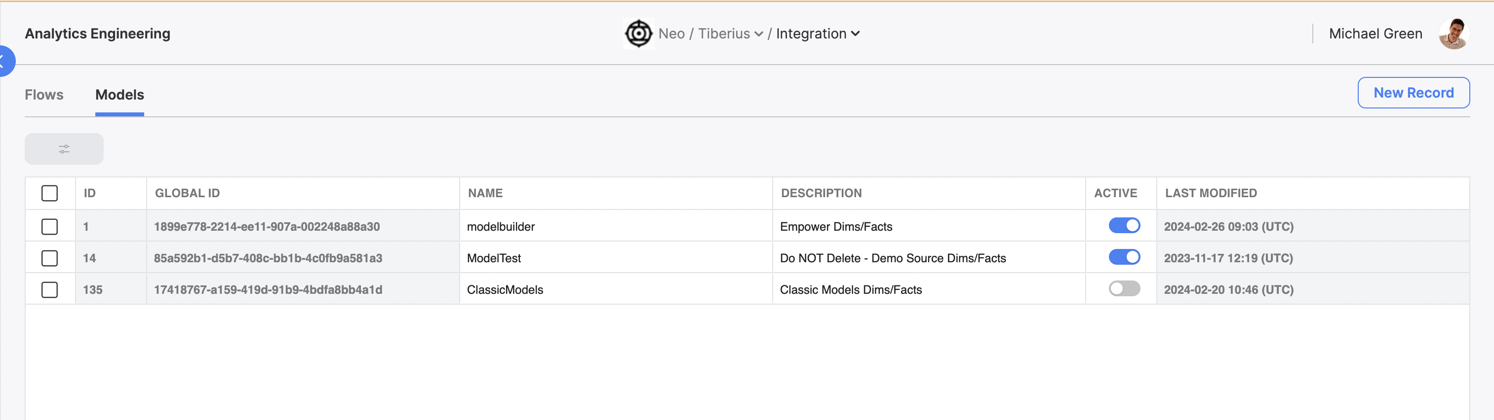 The Models tab within the Analytics Engineering module.