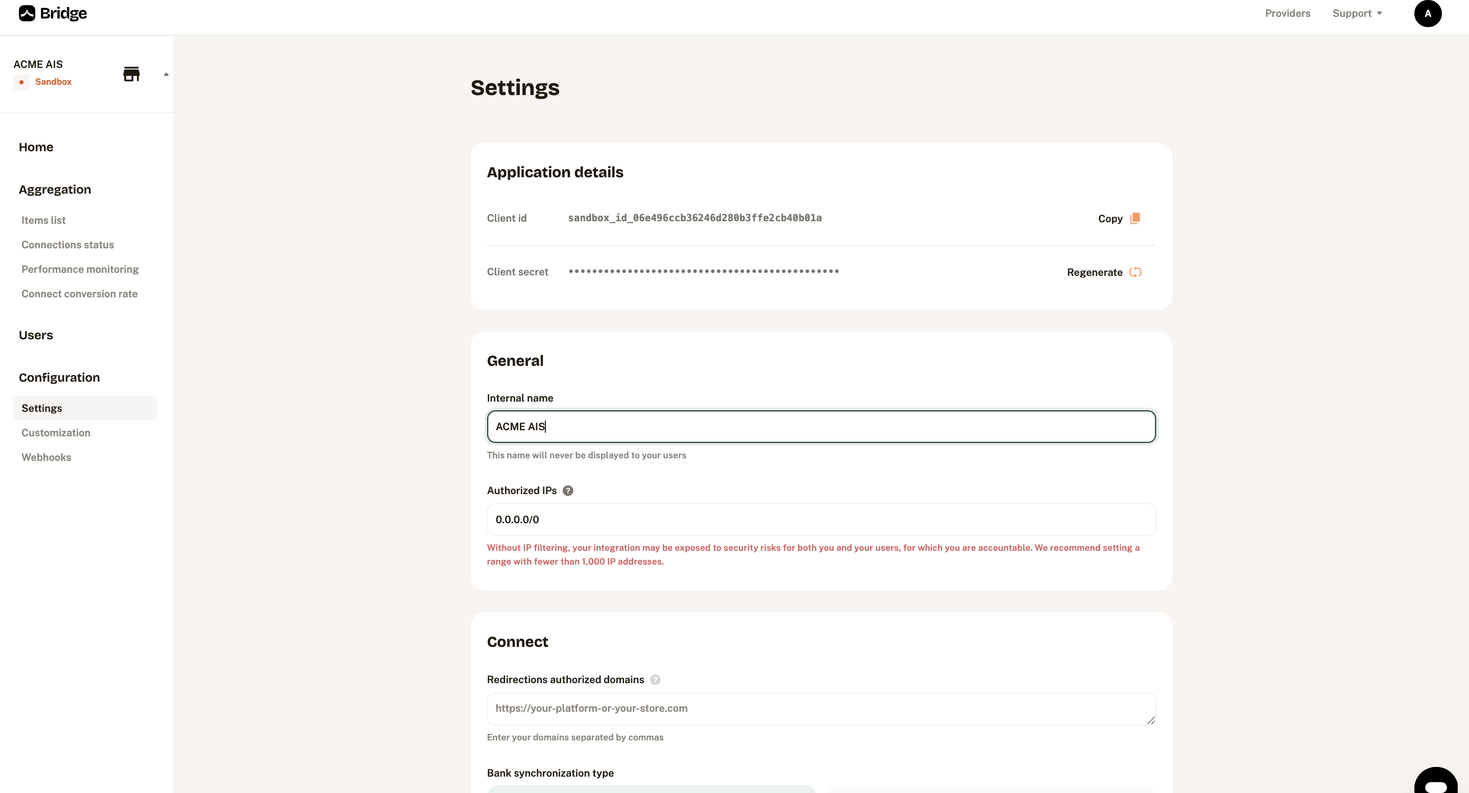 Creation in success with the API credentials