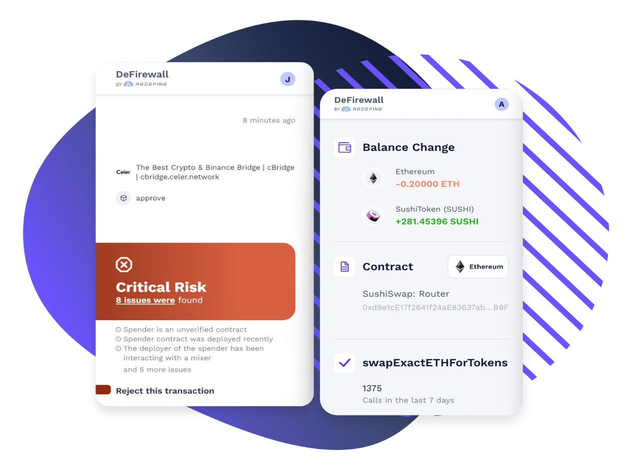 The DeFirewall transaction screening engine provides important risk-related information, synthesized risk insights, and relevant behavioral metrics for both transactions and signed messages