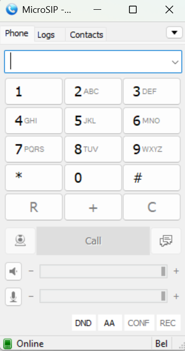 Screenshot of the cofigured softphone