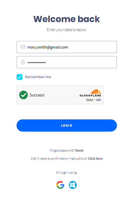 Screenshot with the Welcome back screen for logging in to the CommPeak Portal