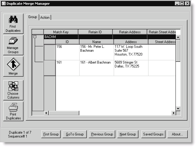 From Customers, select Manage duplicates, click Manage Groups, and select the Group tab. In this example, the Find Duplicates process found a total of seven possible duplicate groups. The first group is displayed.