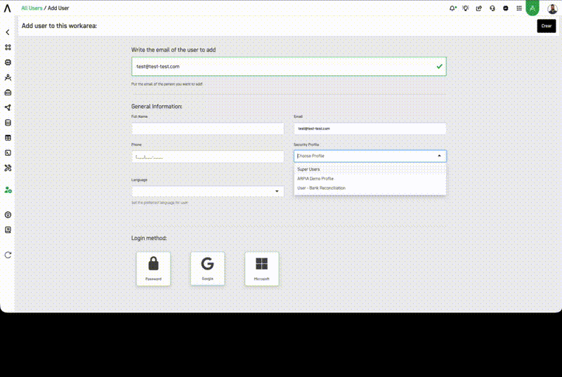 Security Profile dropdown during user invite