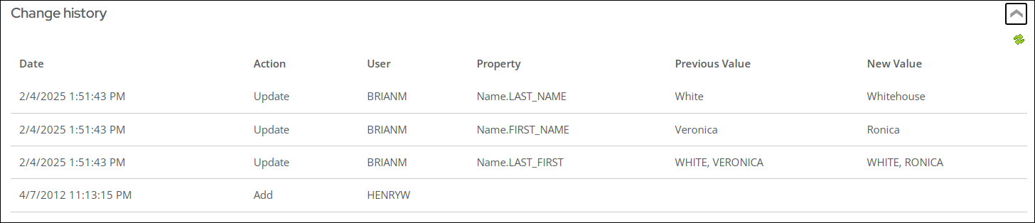 Example change history log