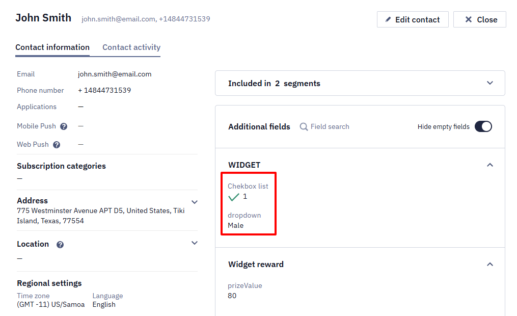 Contact profile with the WIDGET additional fields section showing Checkbox list and dropdown values, highlighted in a red box