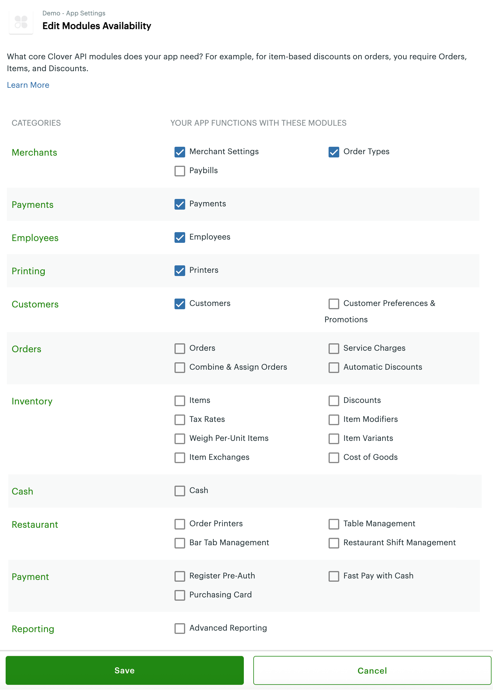 Edit Modules Availability page