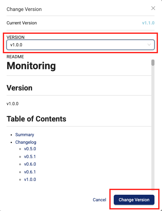Change Version dialog