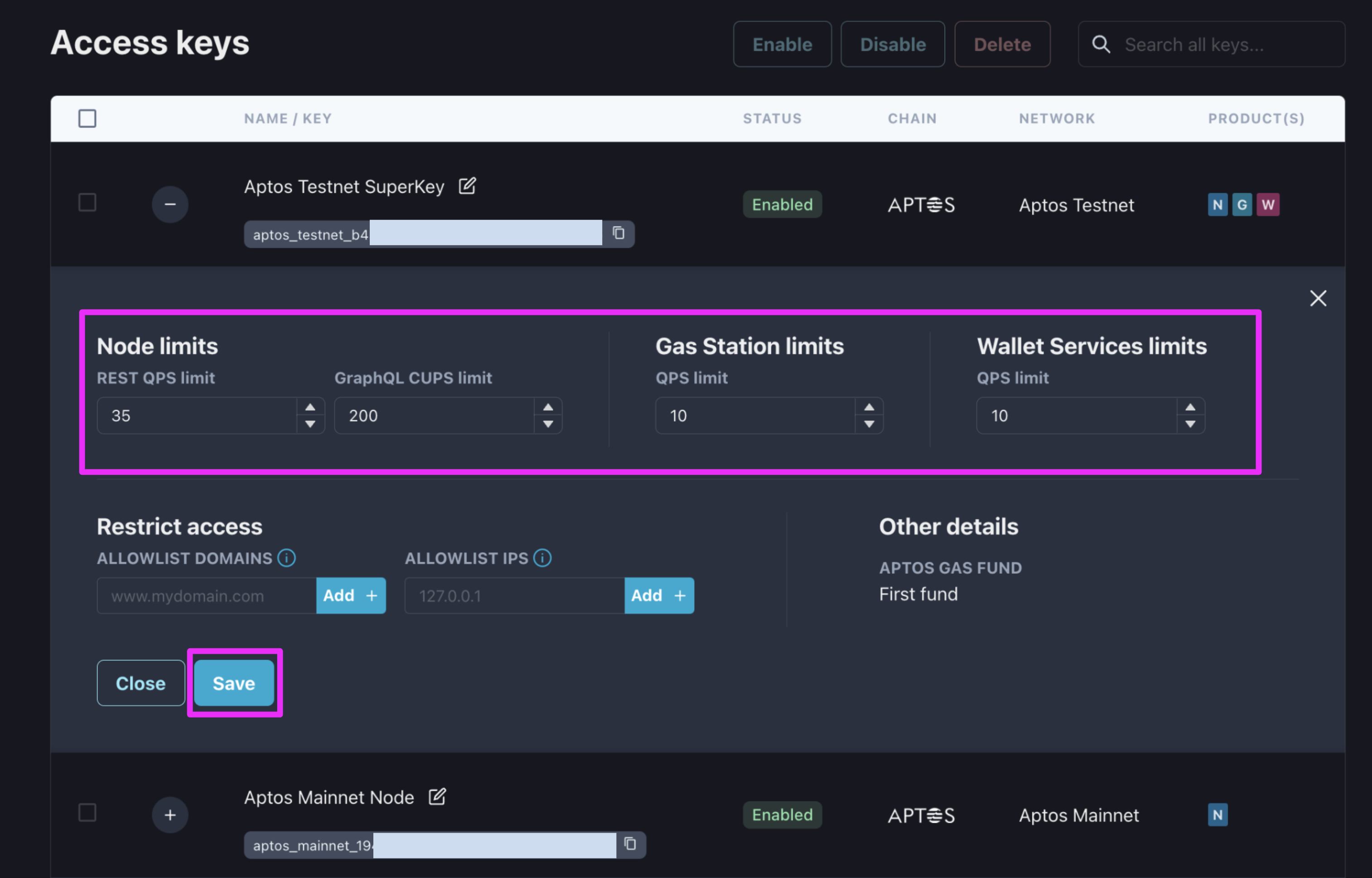 Example is for a key with rights to all Aptos services, but the flow is the same for all keys.