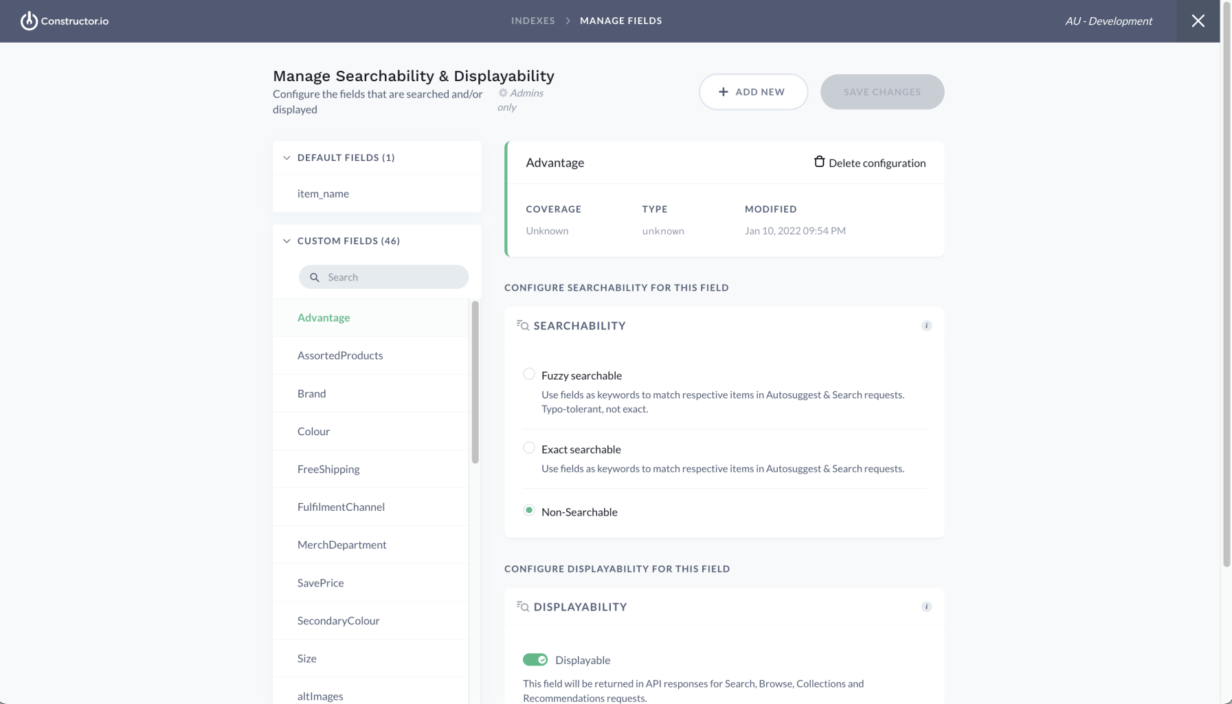 Managing searchabilities and displayabilities through the Constructor dashboard