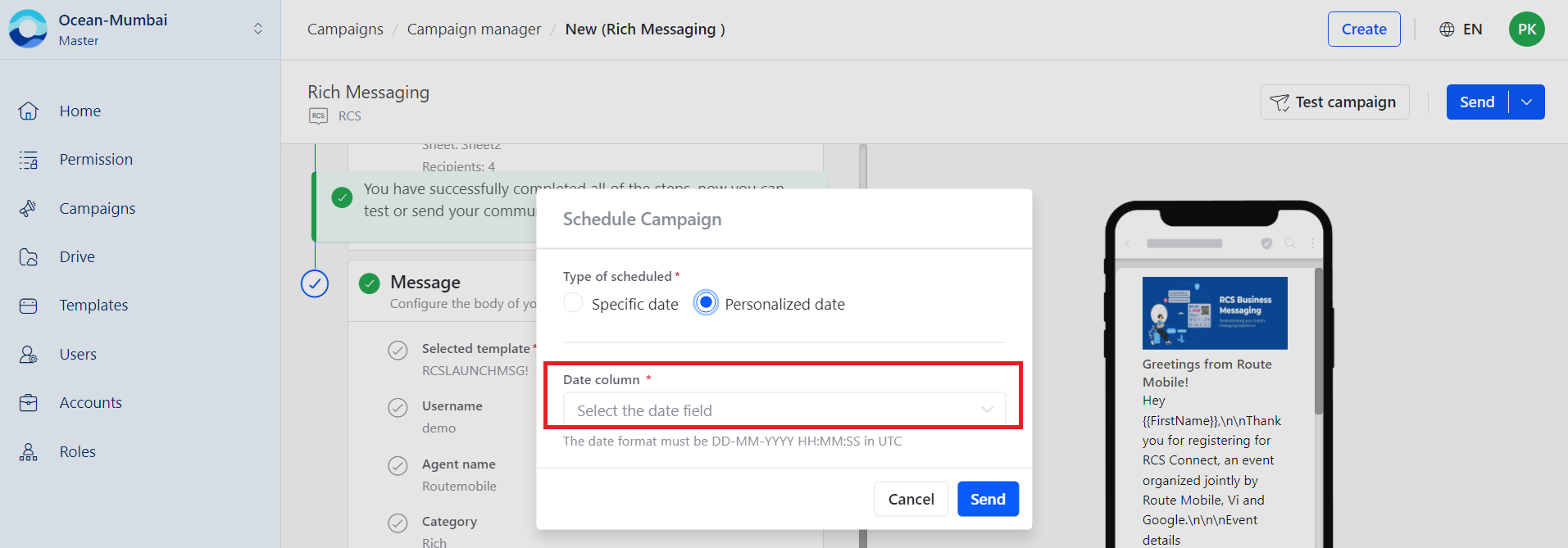 RBM personalized date schedule option