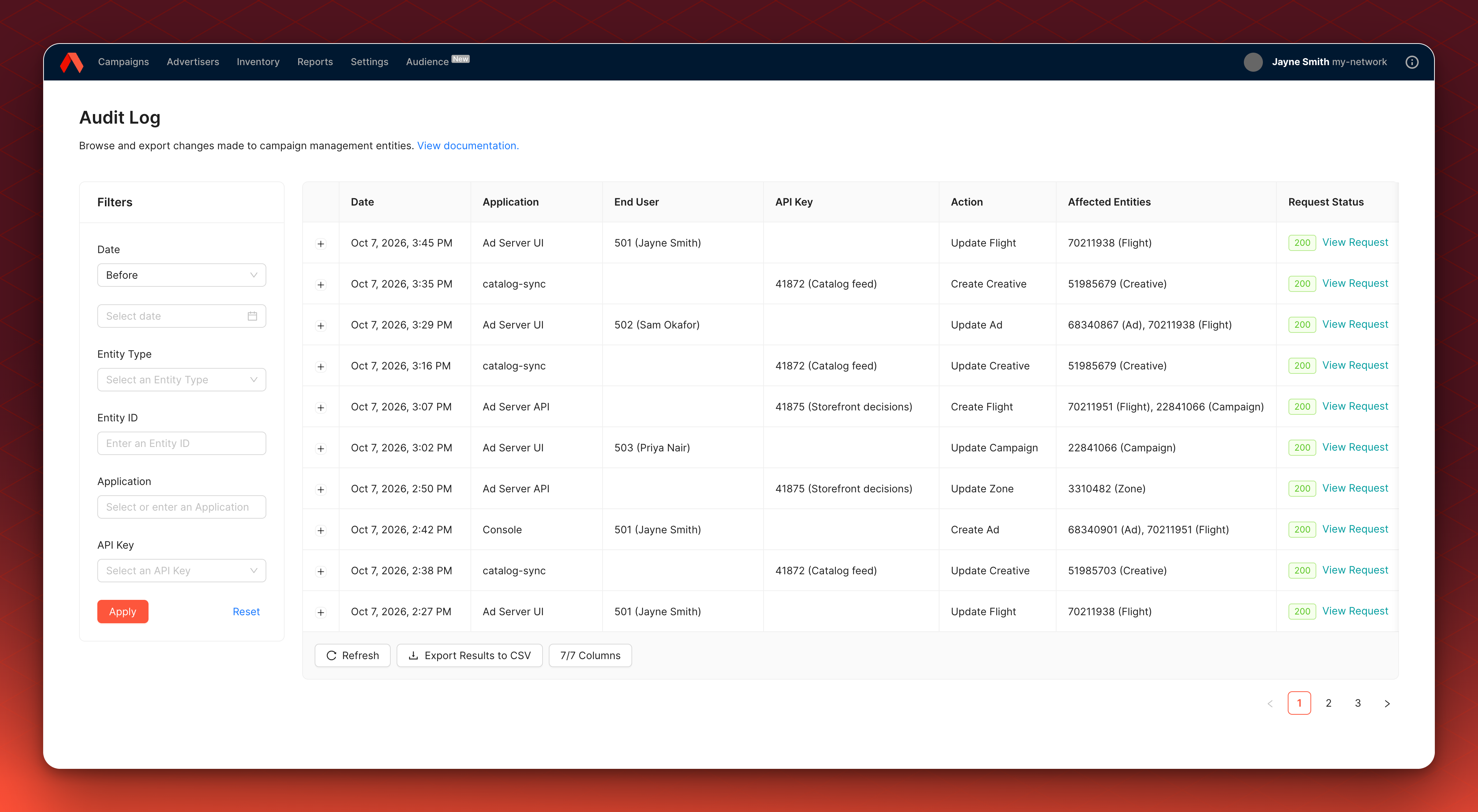 The Audit Log in the Ad Server UI, with an API Key column showing the key ID and Nickname for each change made with an API key