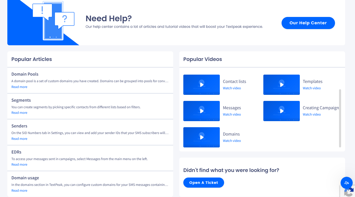 Screenshot of the TextPeak Support section