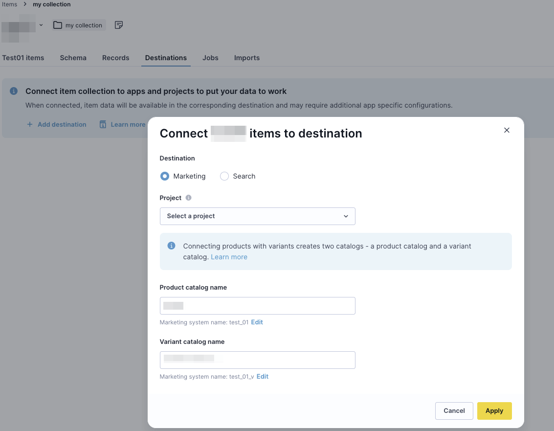 Connect item collection to destination dialog in Data hub, showing Marketing and Search destination options.