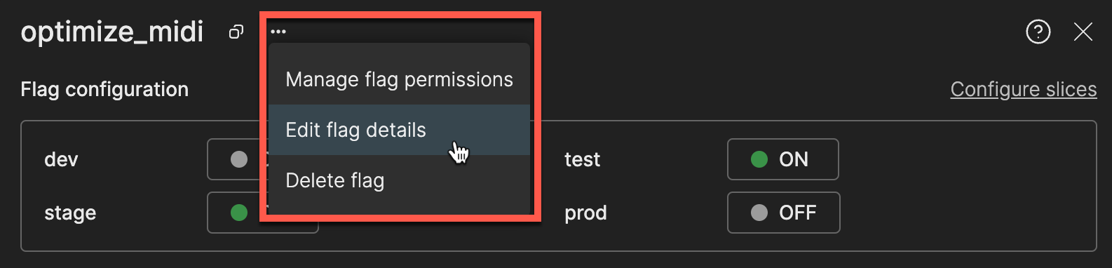 Feature flag configuration screen for an example 'optimize-midi' feature flag in Atono, showing a dropdown menu with options to manage flag permissions, edit flag details, or delete the flag. The 'Delete flag' option is highlighted with a cursor hovering over it.