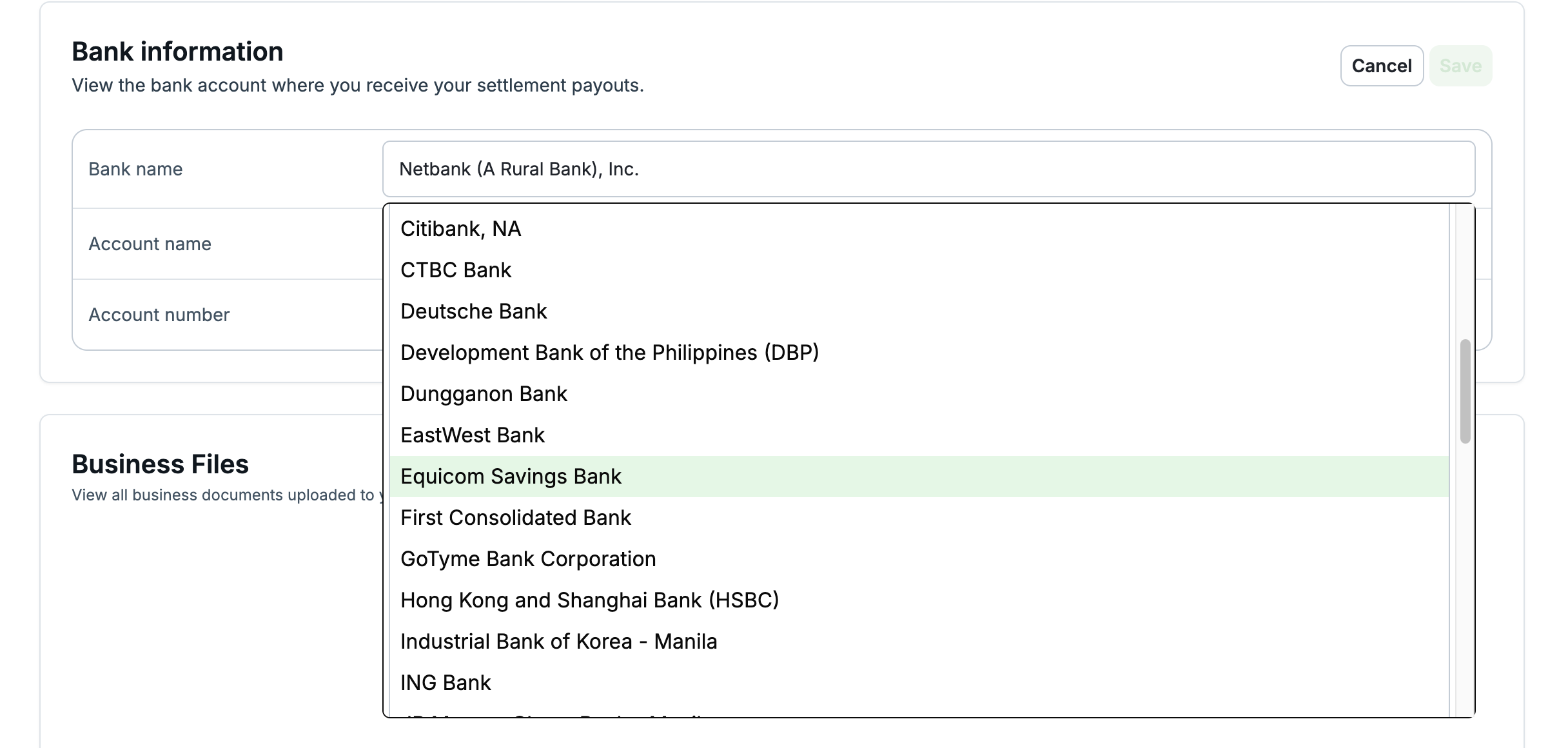 Bank selection dropdown