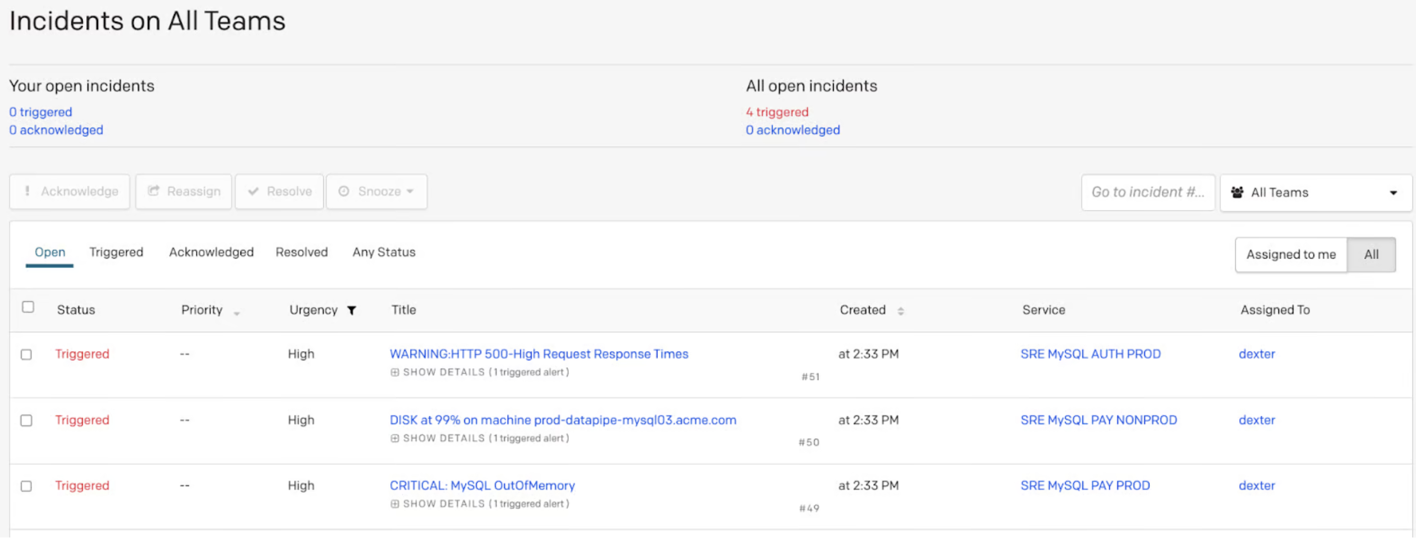 A screenshot of the PagerDuty web app showing Incidents on all Teams