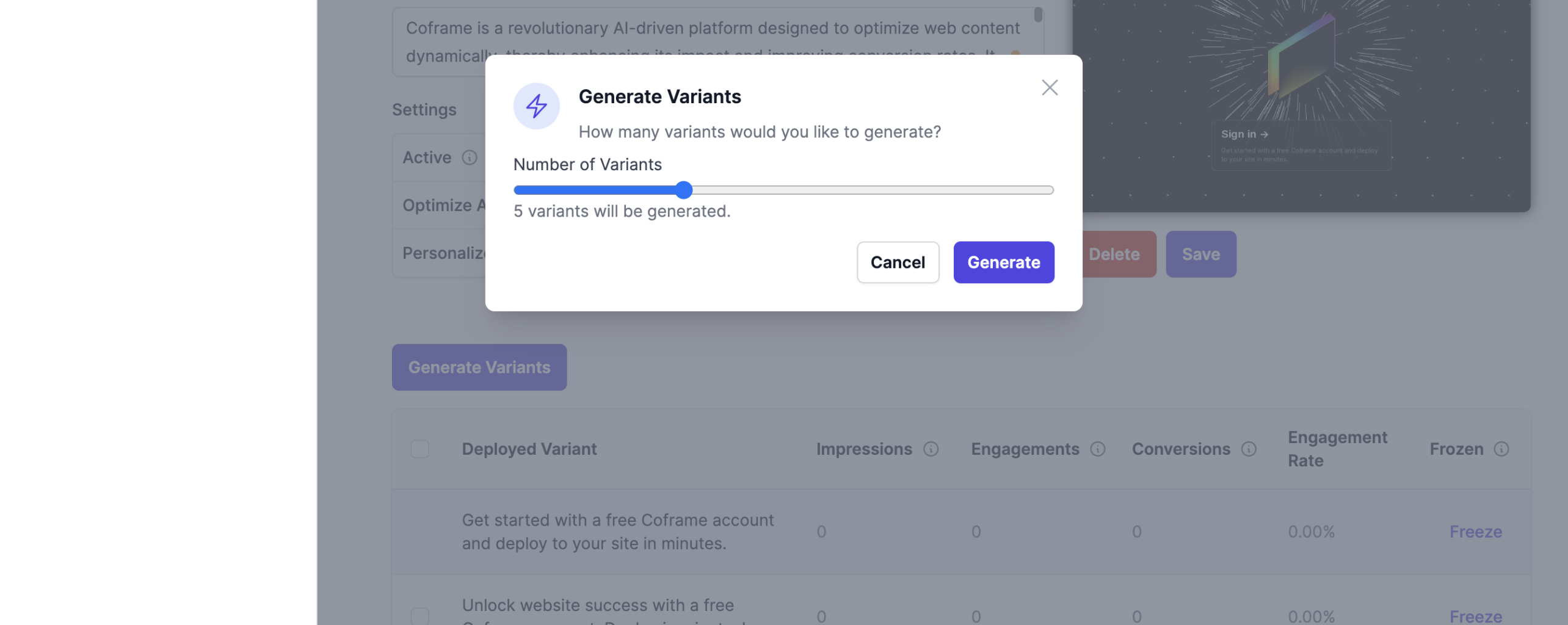 After clicking the "Generate Variants" button, select how many variants you want generated and click "Generate".