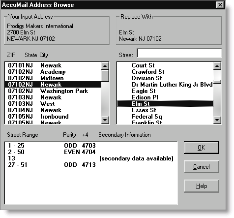 AccuMail Address Browse window.
