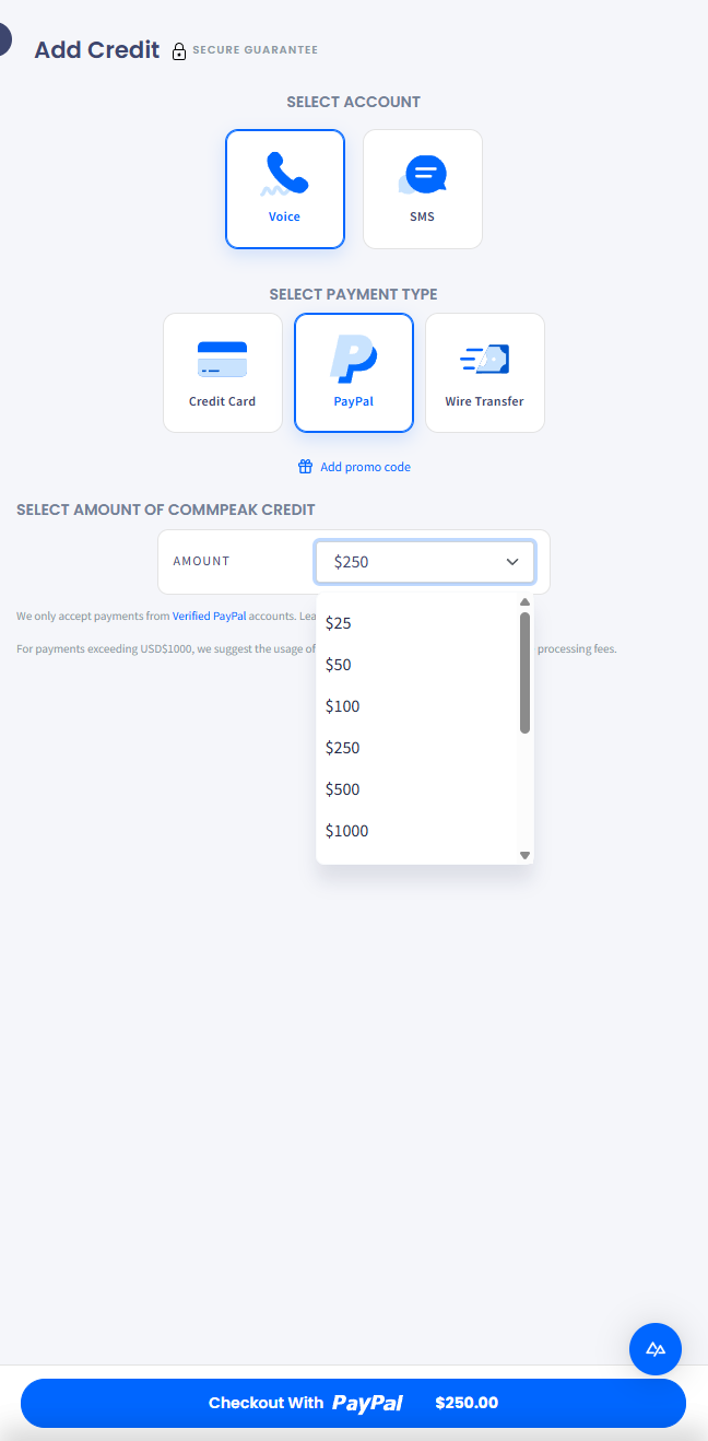  Screenshot with selecting credit amount