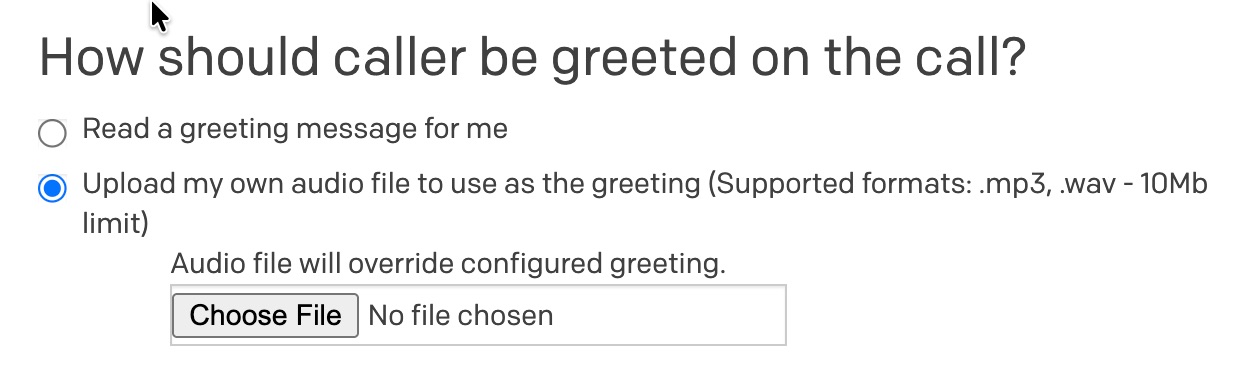 A screenshot of the PagerDuty web app showing how to upload your own audio message for Live Call Routing