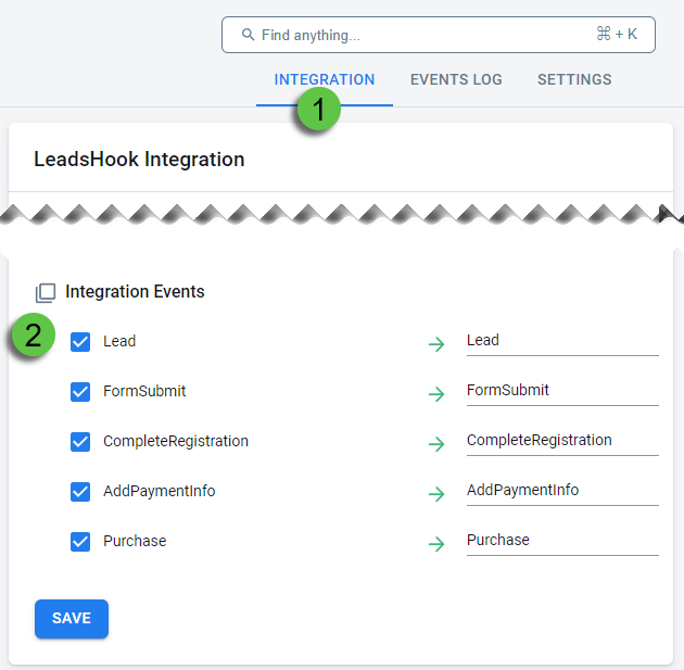 Configure the conversion events available for the LeadsHook integration from the Integration tab.