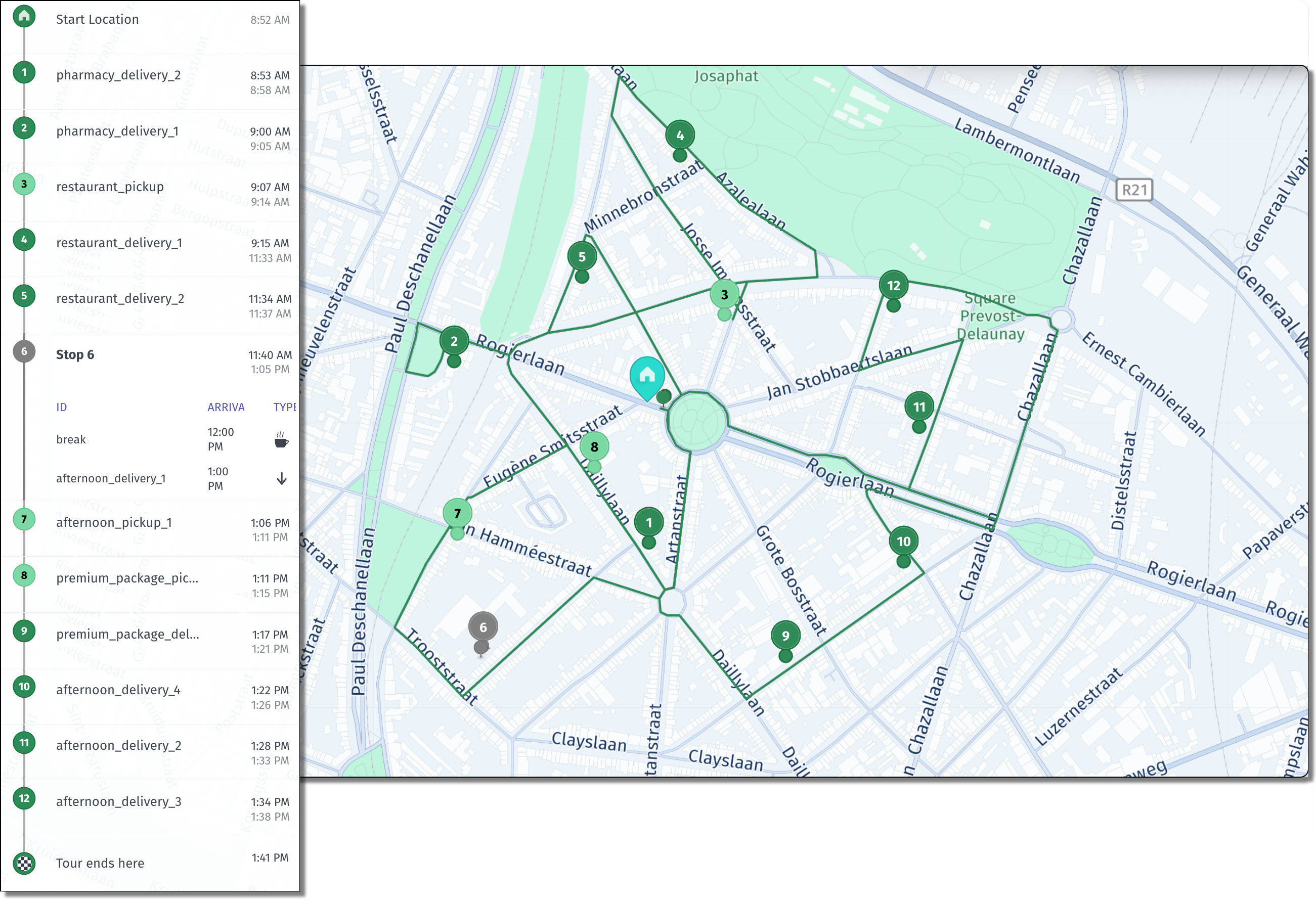 Sample tour plan for a single-vehicle fleet