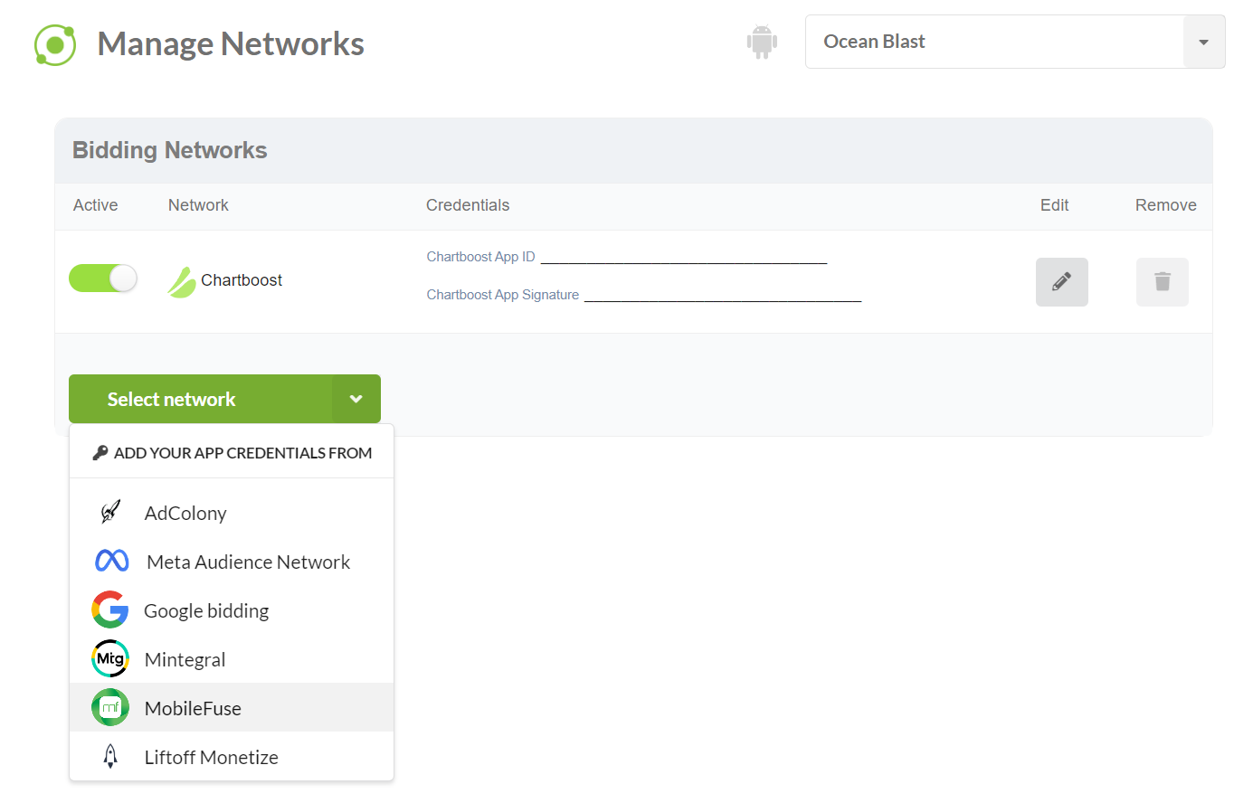 Select "MobileFuse" from the Bidding Networks dropdown