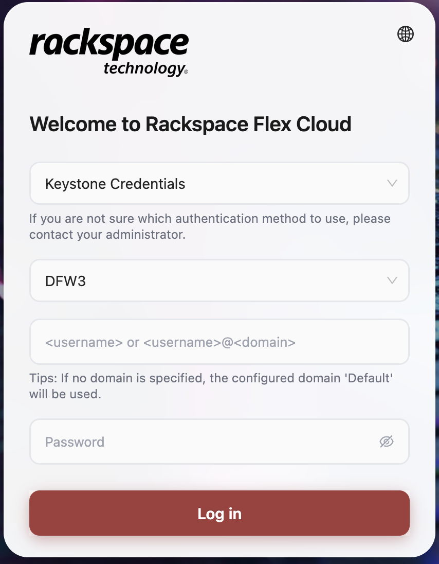 The login pane for DFW