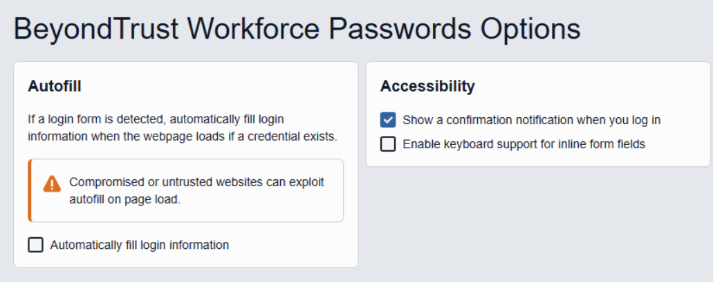 Settings page showing Autofill and Accessibility options; “Automatically fill login information” is disabled.