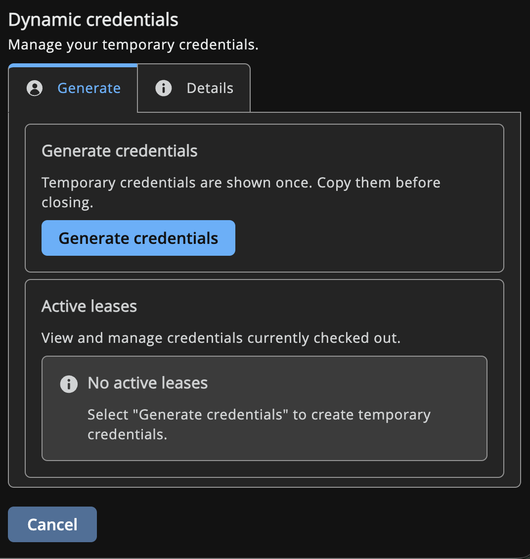Dynamic Credentials Generate tab with a Generate Credentials button and no active leases.