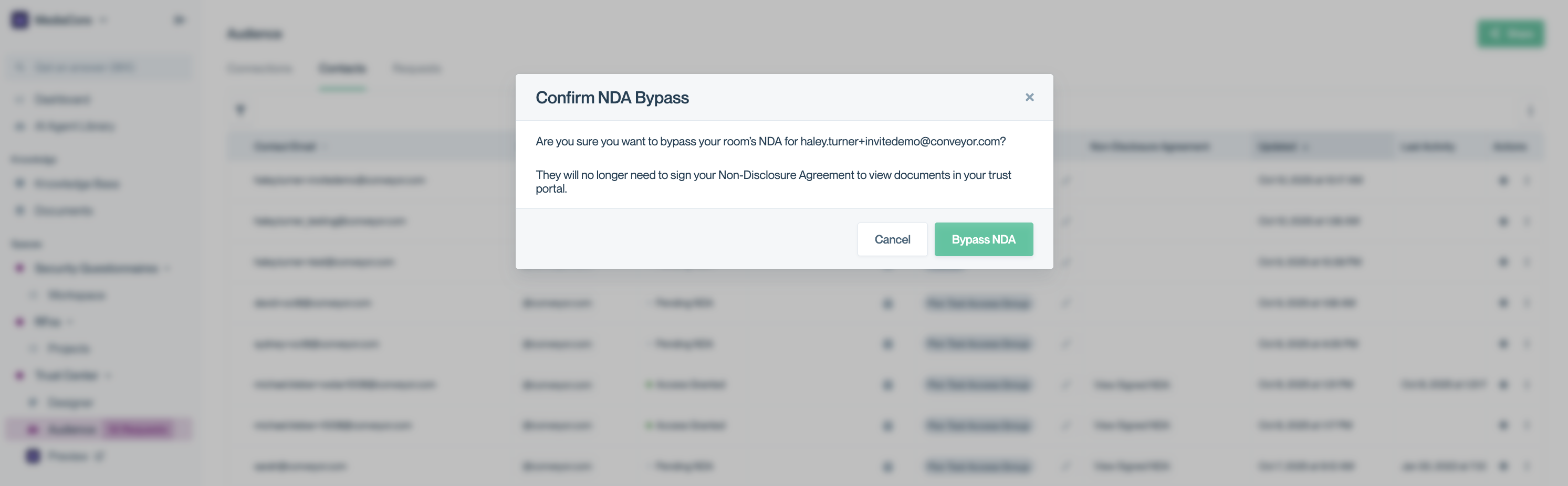 Confirmation modal for bypassing NDA for a contact. Confirm the bypass action to grant access without requiring NDA signing.