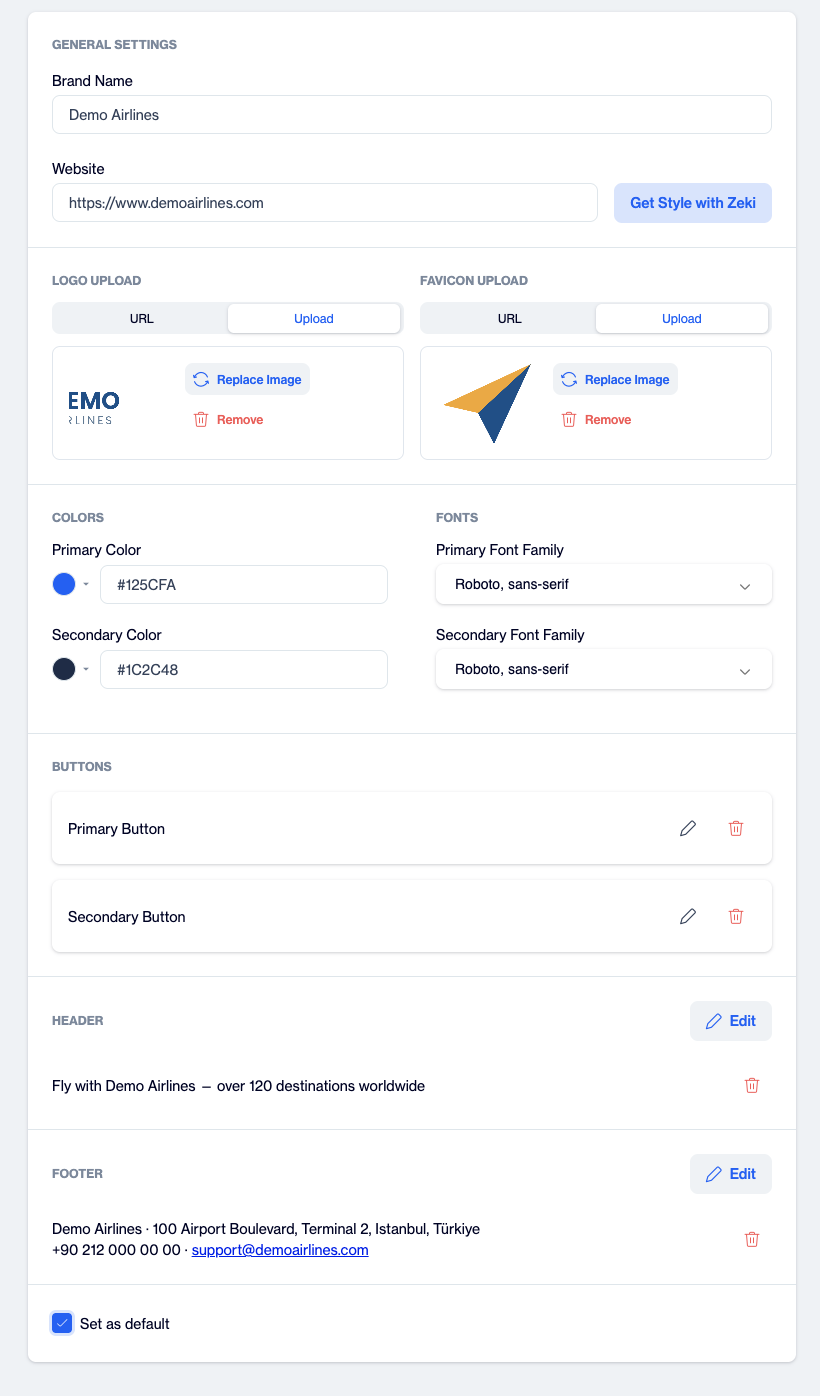 Completed Brand Kit screen showing Primary Button and Secondary Button rows with edit and delete icons, a header preview, a footer preview, the Set as default checkbox and an Update button at the top right.