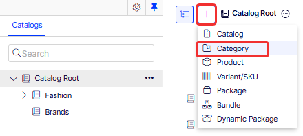 Screenshot of the + menu used to create a category from a catalog or category node.