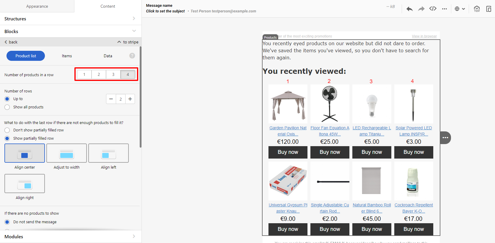 Number of products in a row