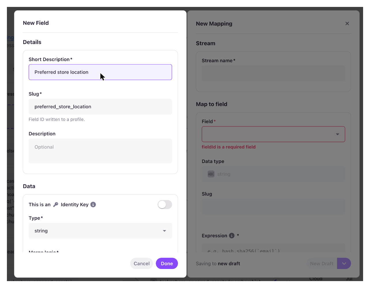 A new field created from the Field picker in a New Mapping drawer, shown in the nested panel with Cancel and Done