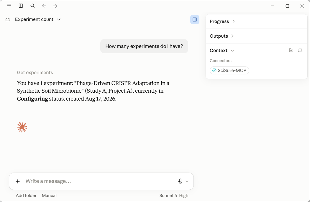 Claude conversation using the SciSure-MCP connector to answer how many experiments the user has