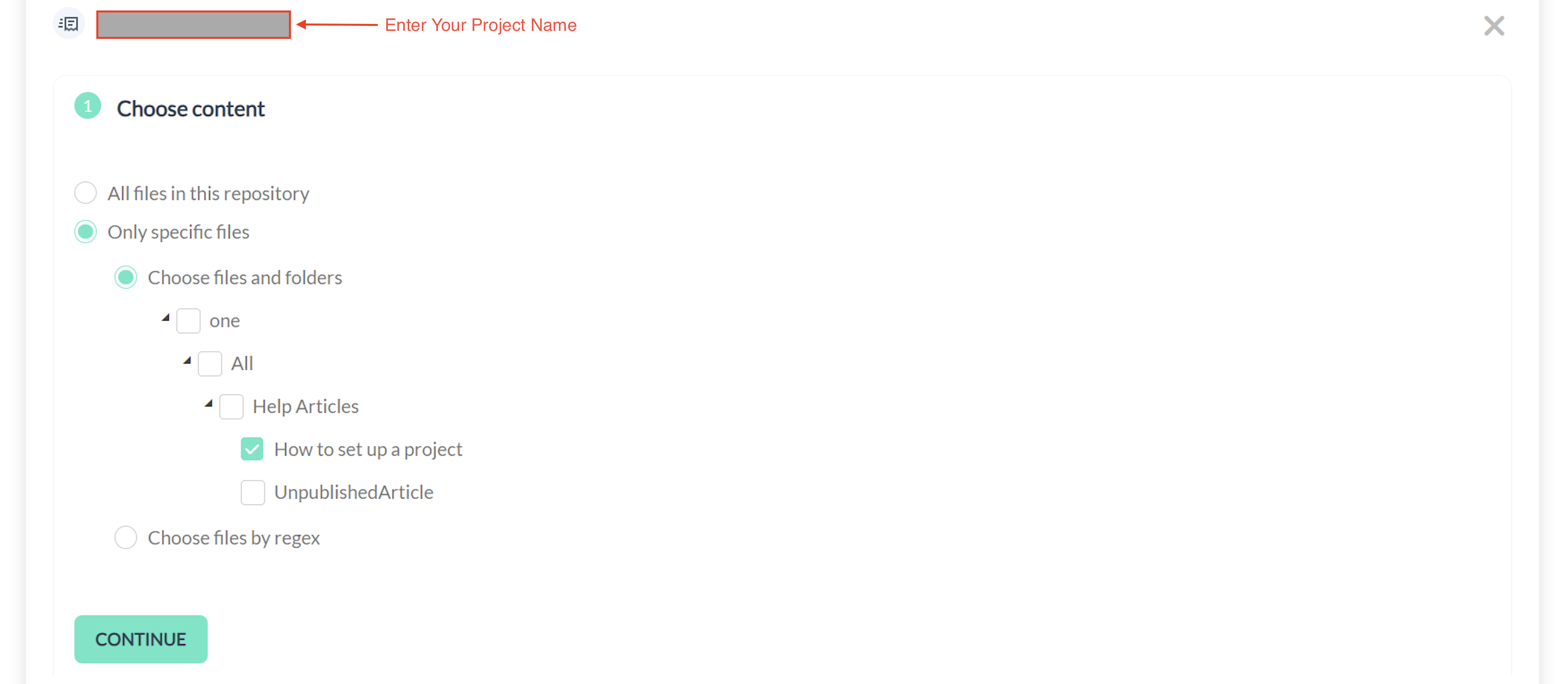 Enter Project Name and Choose content files to translate