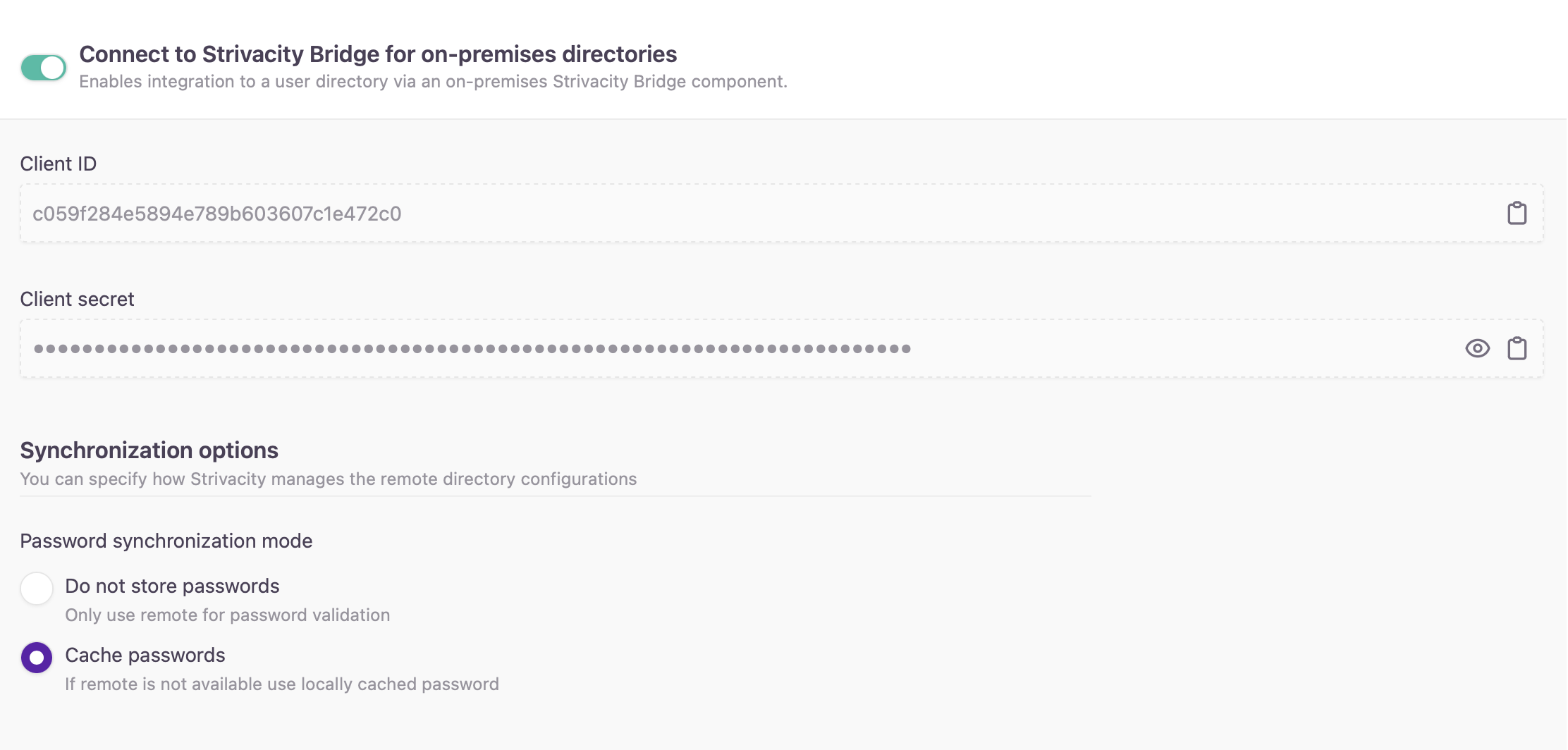 Strivacity Bridge for on-premises directories Admin Console configuration settings