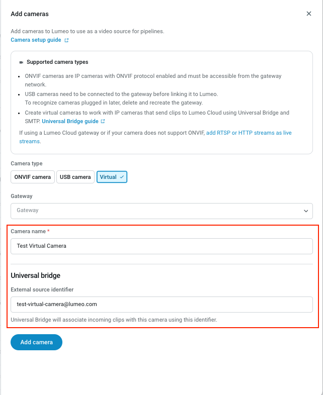 Add a Virtual Camera and set it's External Source Identifier