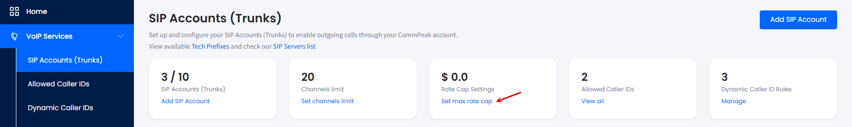 Screwenshot of the Rate Cap Settings block