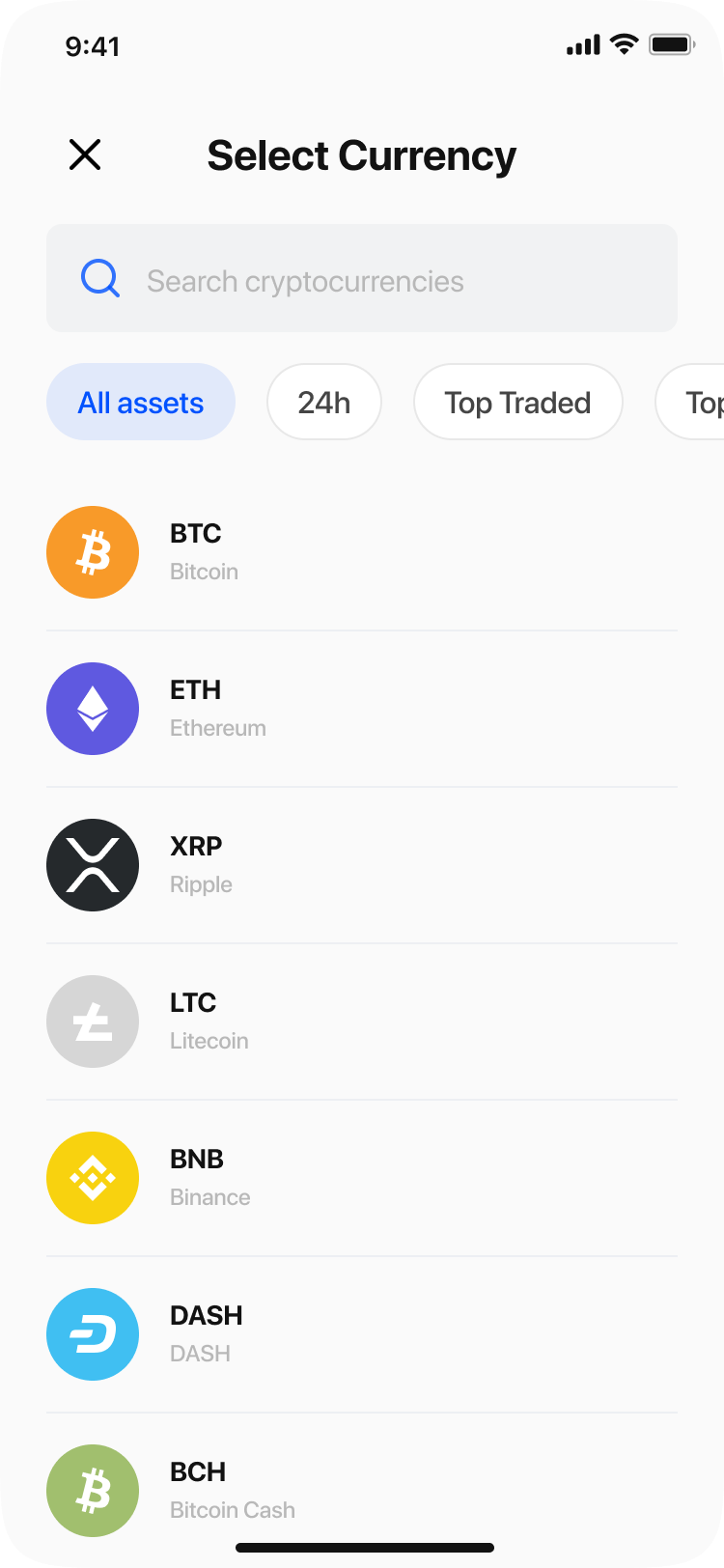 Currency selection screen with search and filters