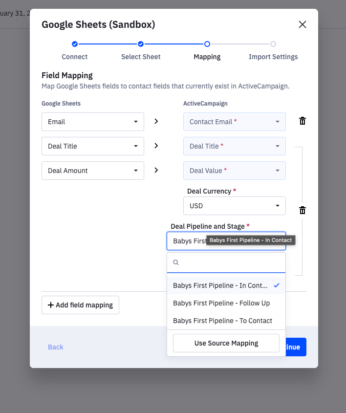 Source mapping user experience. Users still have the option to map data from the source via the "Use Source Mapping" button.