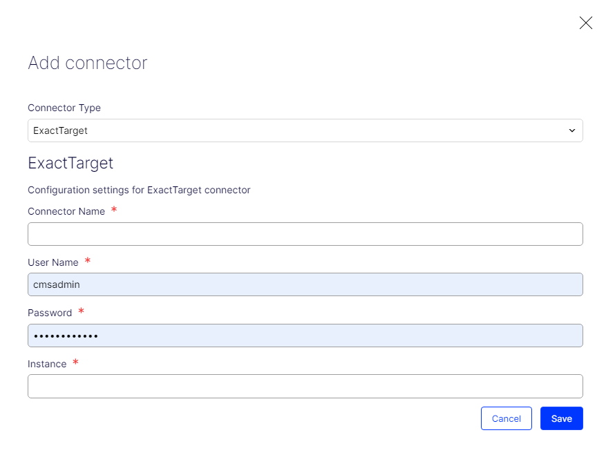 Screenshot of the Salesforce Marketing Cloud ExactTarget connector configuration settings where entering account credentials