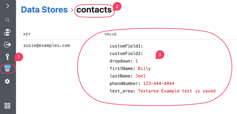 Inside your **data store "contacts"** you should see your contact saved.