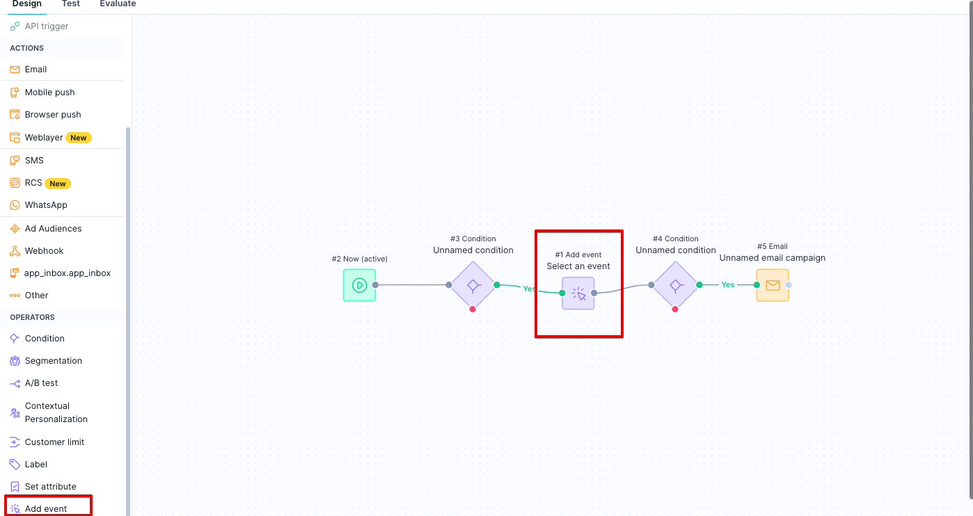 Scenario flow showing the Add event node placed before the email node to track voucher assignment