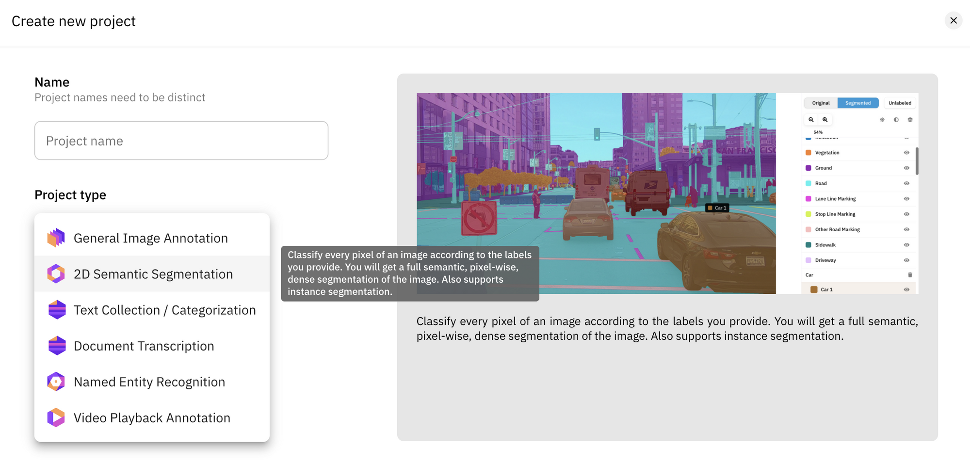 Browse project types and see examples of them. Pictured here is '2D Semantic Segmentation'.