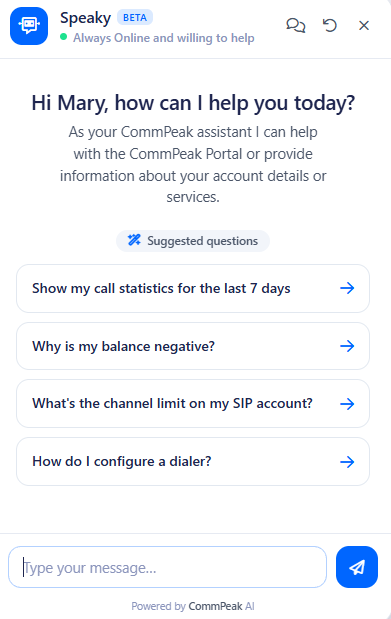 Screenshot of the Speaky dialog box with suggested questions