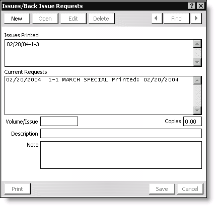 The Issues/Back Issue Requests window Issues Printed field will be updated with MM/DD/YY-Volume/Issue.
